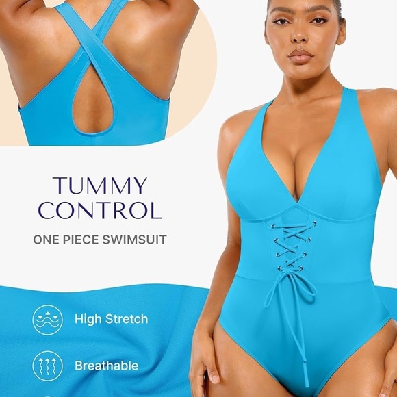 SHAPELLX Women's Slimming Swimwear Push Up V Neck Tummy Control Swim Suits Blue - Picture 2 of 9